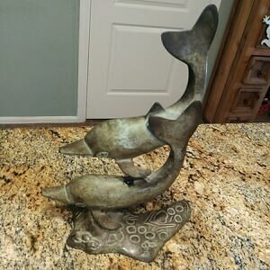 Vintage Two Dolphins Brass Sculpture With Patina Ocean Sea Decor
